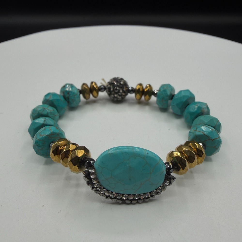 Turquoise Beaded Stretch Bracelet Rhinestone Accent Gold Tone Boho Statement